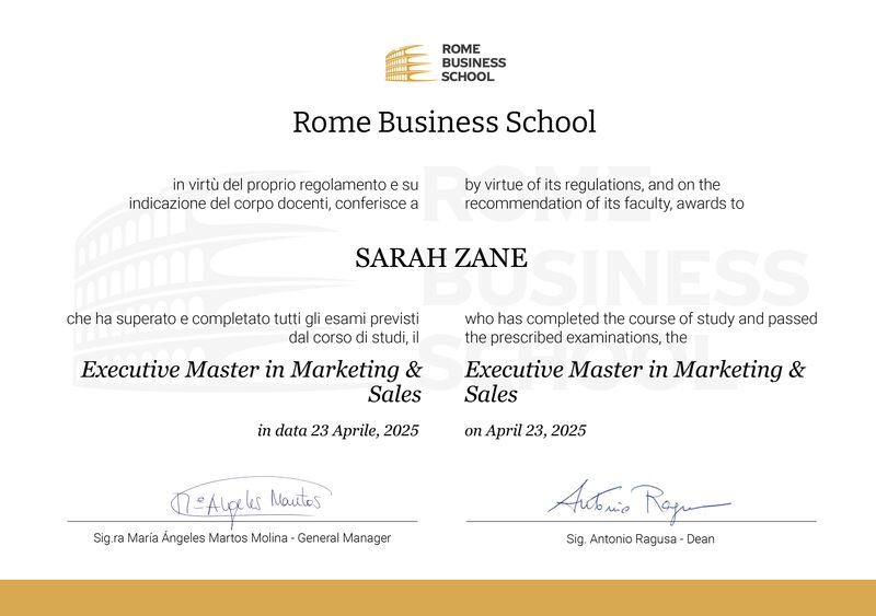 Rome Business School Executive Master in Marketing & Sales certificate awarded to Sarah Zane