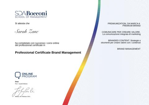 Certificato Professional Certificate in Brand Management SDA Bocconi di Sarah Zane